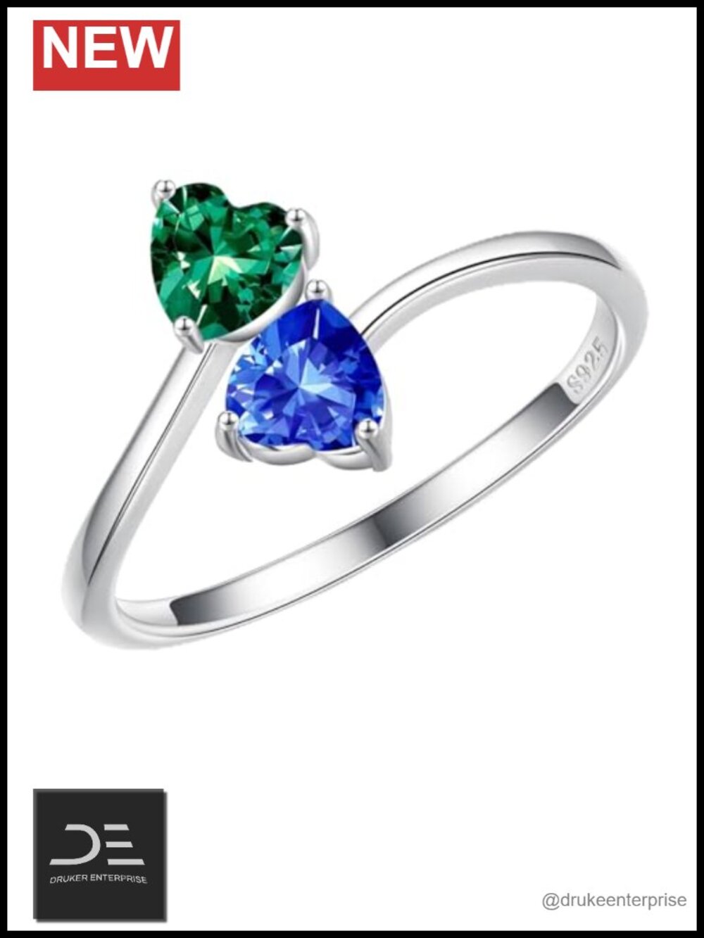 925 Sterling Silver Double Heart Birthstone Adjustable Ring